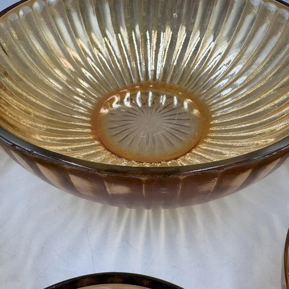 Gold Carnival Glass Salad Serving Bowl Set Ribbed‎ Art Deco 6 Piece Unmarked